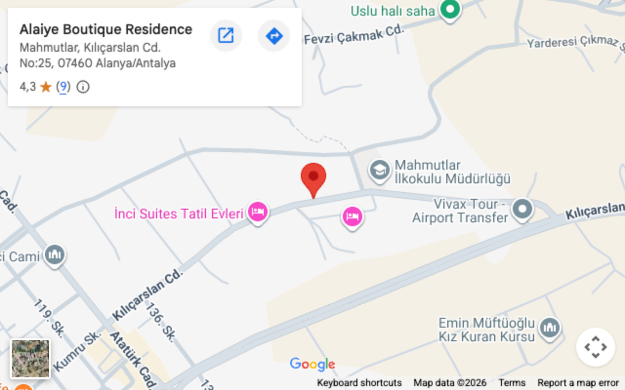 Alaiye Boutique sitesinin konum haritası, Mahmutlar, Alanya